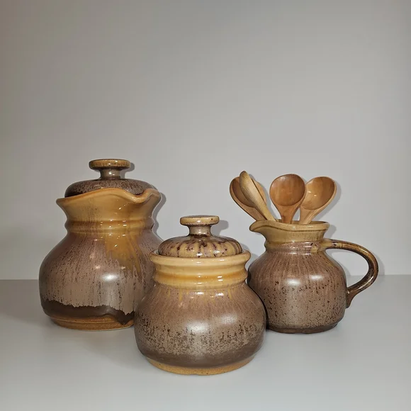 Rustic Brown Ceramic Kitchen Set with Wooden Spoons - Picture 2 of 3